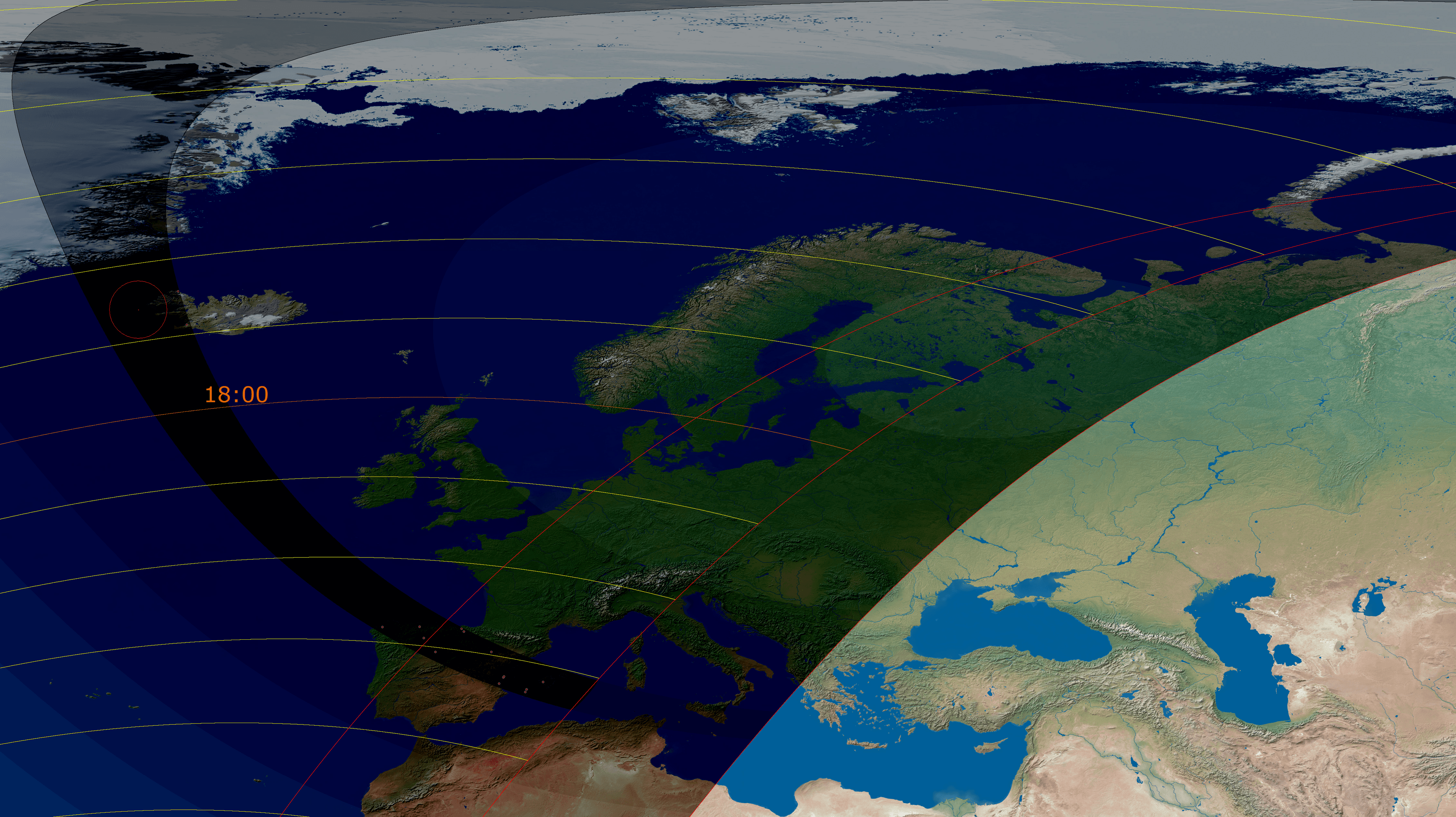 Carte détaillée de la trajectoire de l'éclipse solaire totale du 12 août 2026 en Europe, montrant la bande de totalité sur l'Islande et l'Espagne.