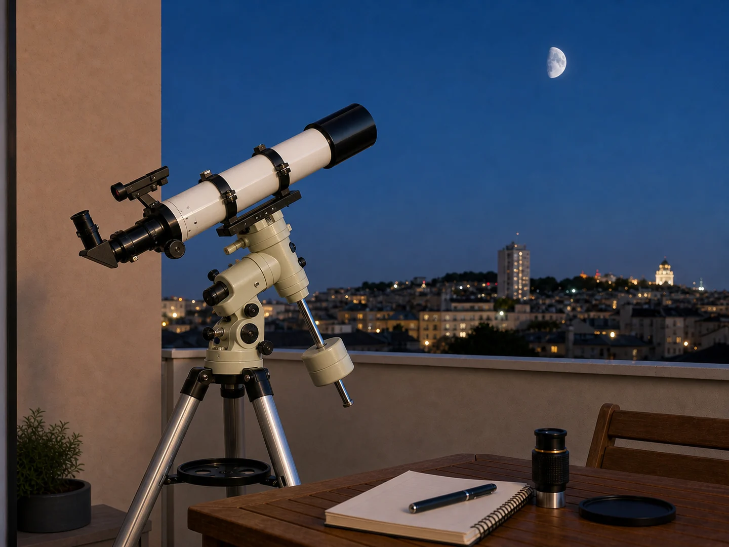 Télescope compact installé sur un balcon au crépuscule