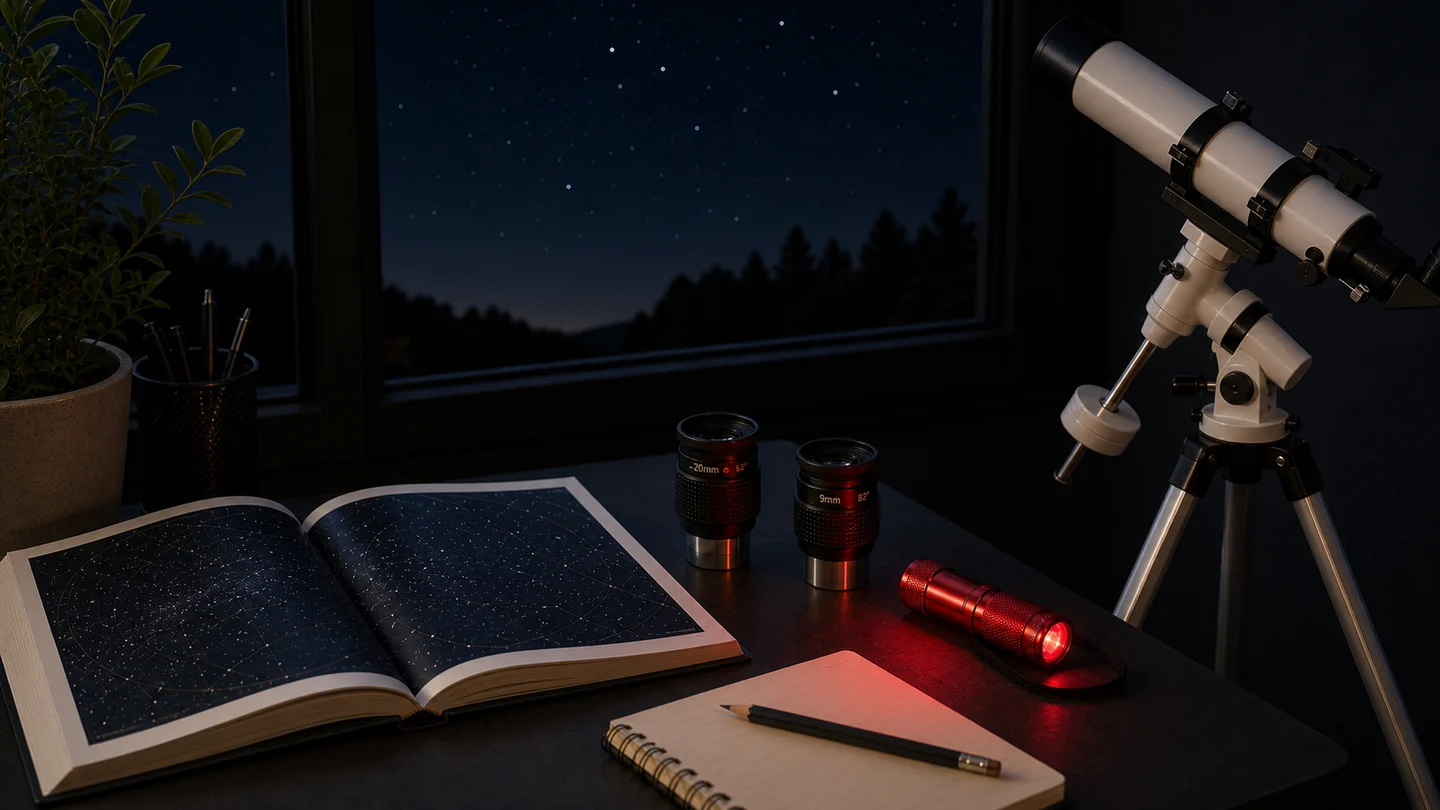 Carte du ciel, oculaires et télescope préparés sur un bureau