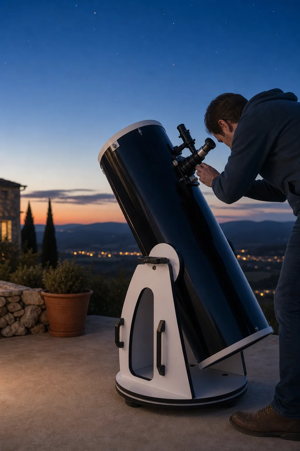 Astronome amateur réglant un télescope Dobson au crépuscule